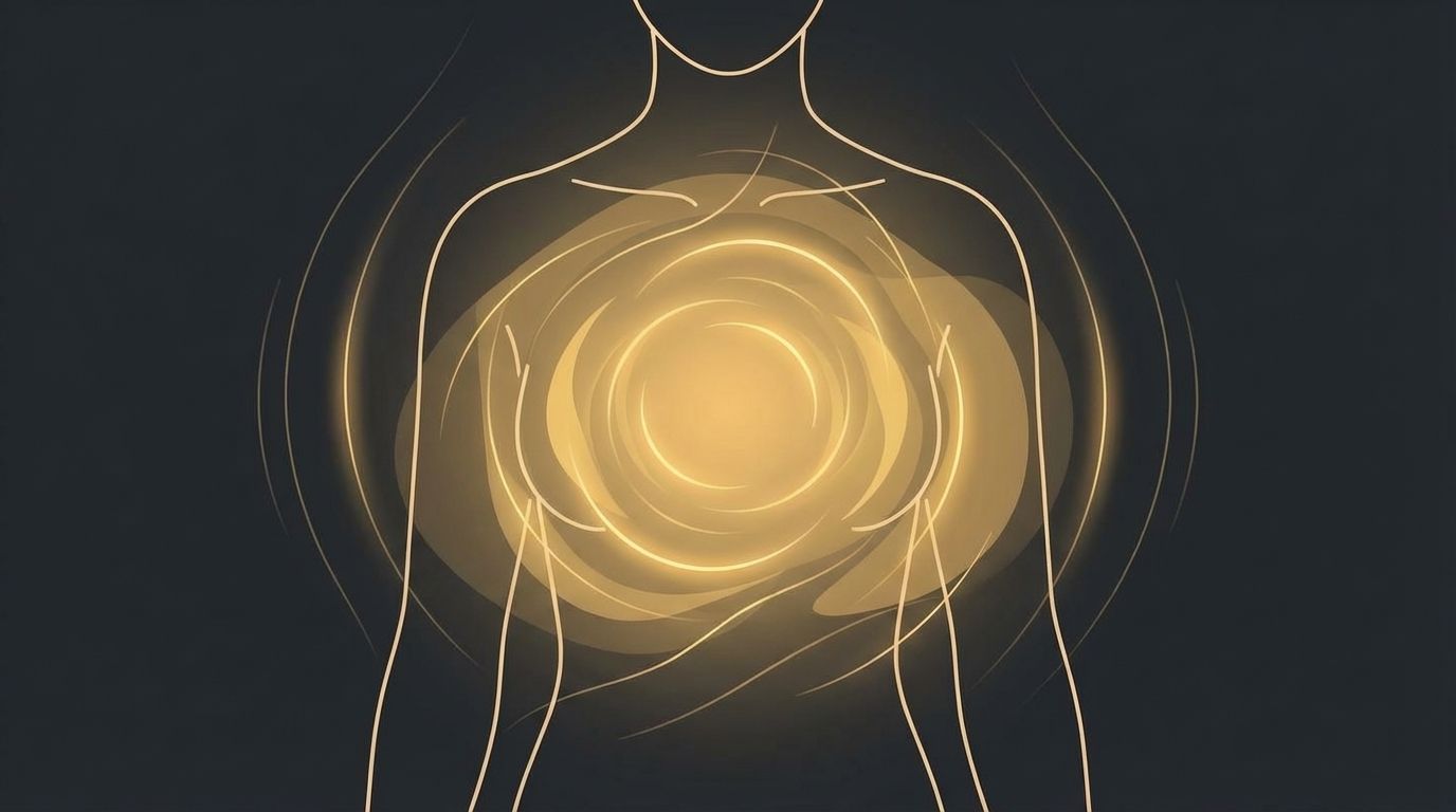 An abstract representation of loving-kindness meditation with golden light radiating from the chest