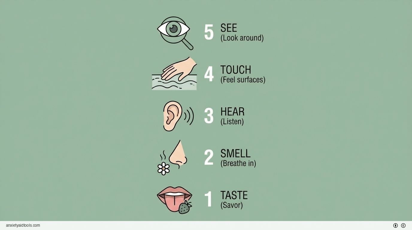 5-4-3-2-1 grounding technique infographic: sight, touch, sound, smell, taste.