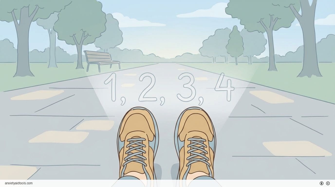 Walking shoes on path. Numbers count steps.