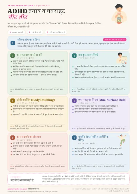ADHD तनाव चीट शीट जिसमें अनफ्रीज मूव, बॉडी डबलिंग और वन-सरफेस रूल शामिल हैं