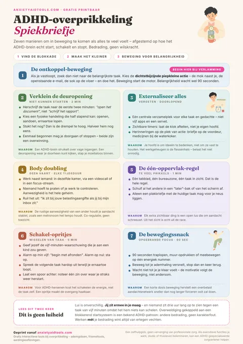 ADHD Overprikkeling spiekbrief met een centrale deblokkeer-stap, zes pastelkleurige strategiekaarten en een infostrip over waarom dit geen luiheid is.