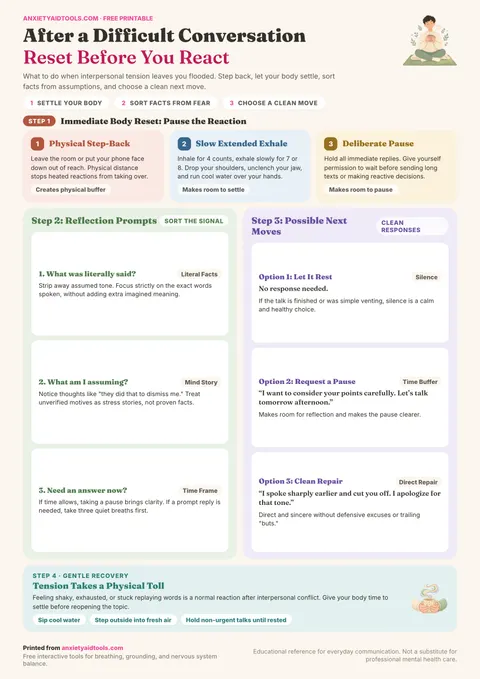 After a difficult conversation cheat sheet featuring three immediate reset steps, three reflection prompts, three next moves, and gentle recovery guidance