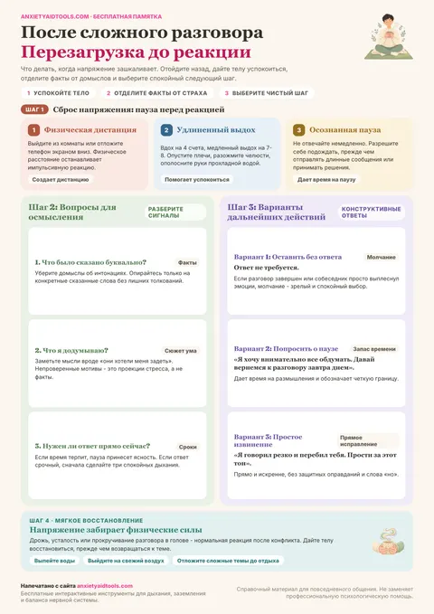 Шпаргалка восстановления после сложного разговора: сброс напряжения в теле, вопросы для анализа ситуации, чистые варианты ответов и забота о себе.