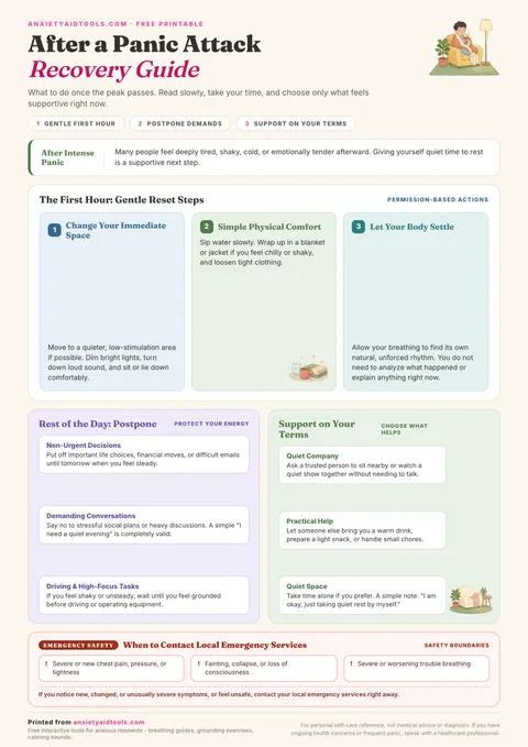 After a panic attack cheat sheet with three gentle first hour reset steps, three postpone items, support preferences, and emergency safety guidance