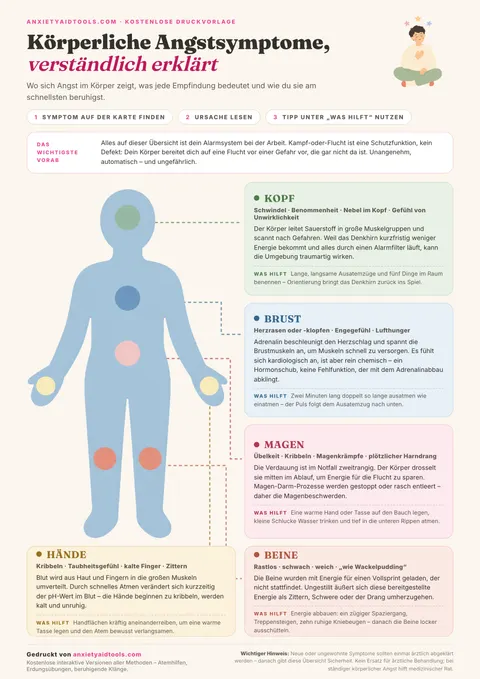 Körperkarte zu physischen Angstsymptomen von Kopf, Brust, Magen, Händen und Beinen mit Erklärungen und Soforthilfen