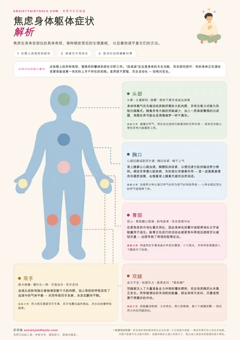 焦虑身体躯体症状速查表，解析头部、胸口、胃部、双手和腿部的躯体症状及缓解对策