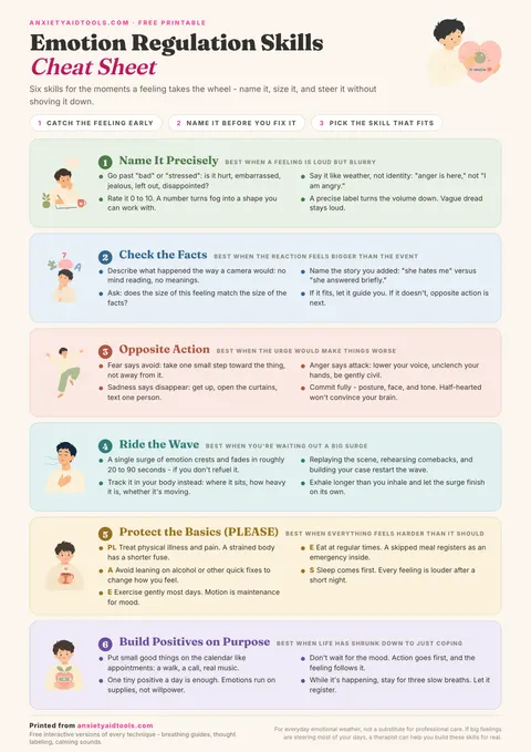 Printable emotion regulation skills cheat sheet with six pastel bands: name it precisely, check the facts, opposite action, ride the wave, protect the basics with PLEASE, and build positives on purpose.