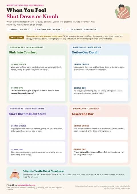 Printable cheat sheet titled When You Feel Shut Down or Numb, featuring a reframe on low energy, four pastel cards with low-pressure doorways, and a closing note on gentle recovery.