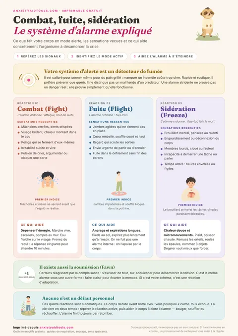 Fiche mémo des 4 réponses au stress avec schéma anatomique du système nerveux, déclencheurs et techniques de désactivation