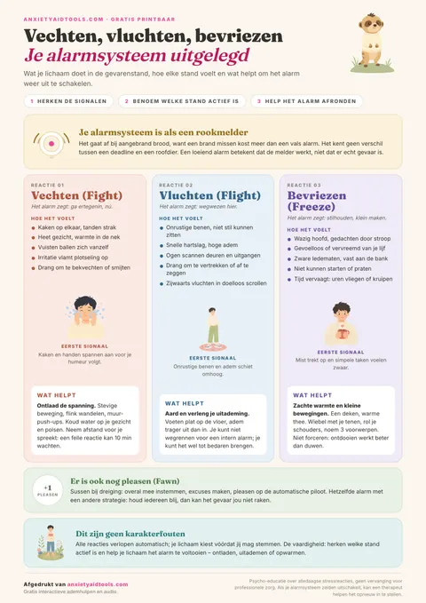 Vechten vluchten bevriezen spiekbrief met uitleg over het rookmelder-alarmsysteem, fysieke signalen van vechten, vluchten en bevriezen met tips, plus de fawn-reactie.