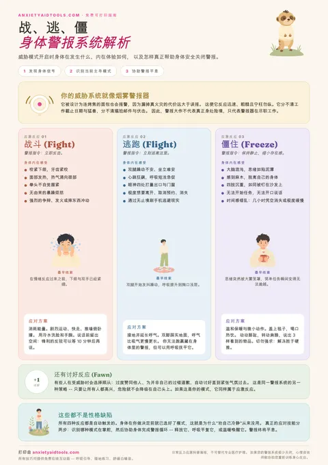 战逃僵应激反应速查表，图解战斗、逃跑、僵住、讨好四种应激反应及平复方案
