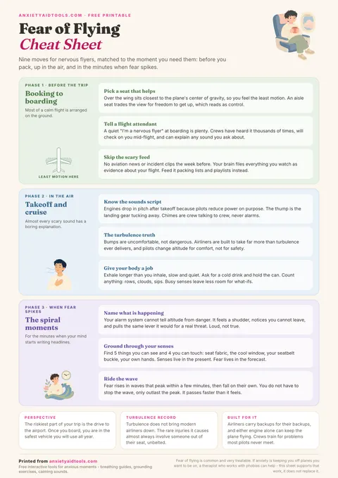 Fear of flying cheat sheet with three phases: booking to boarding, takeoff and cruise, and the spiral moments, plus three fact cards