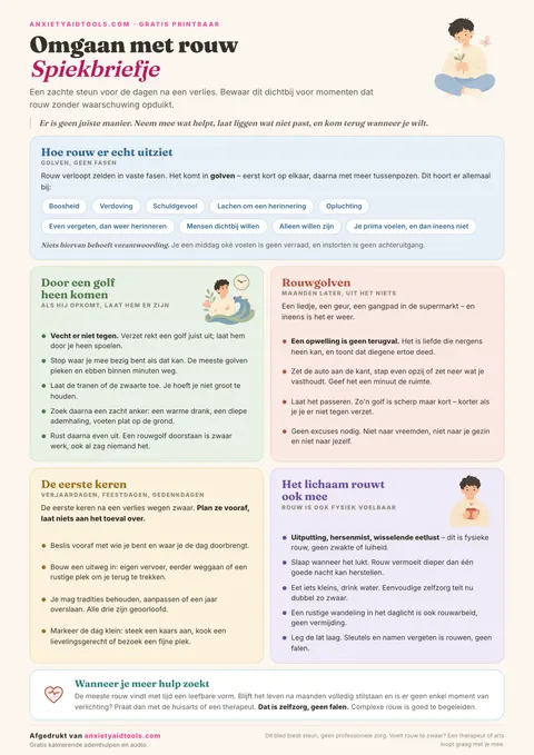 Omgaan met rouw spiekbrief: een printbare pagina over hoe rouw eruitziet, golven doorkomen, plotselinge triggers, eerste keren en hulp inschakelen.