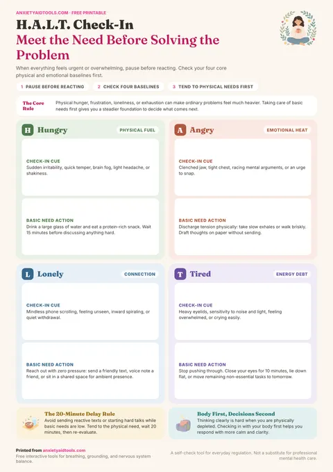 H.A.L.T. check-in cheat sheet with four colorful quadrant cards for Hungry, Angry, Lonely, and Tired, complete with body signals and immediate responses.