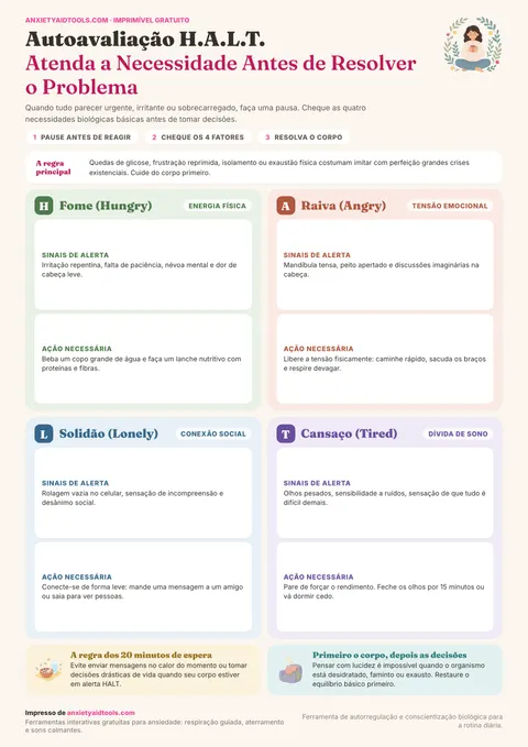 Guia rápido de autoavaliação HALT com quatro quadrantes detalhados: Hungry (Fome/Glicose), Angry (Raiva/Limites), Lonely (Solidão/Conexão) e Tired (Cansaço/Sono) com passos de resolução