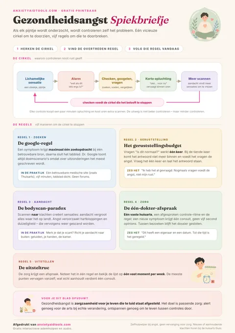 Ziekteangst spiekbrief met een vijfstaps controleschema, vijf duidelijke regels over googelen, geruststelling en uitstellen, plus een milde slotgedachte.