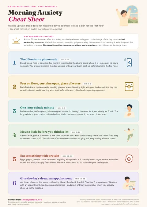Morning anxiety cheat sheet with a fact box explaining the cortisol awakening response and six numbered pastel steps for the first hour, from the 10-minute phone rule to giving the day's dread an appointment