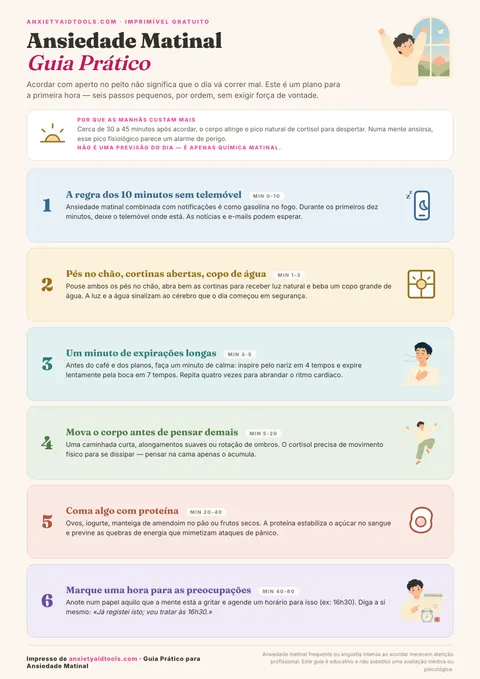 Guia rápido para ansiedade matinal com a curva biológica do cortisol (CAR), regra dos 20 minutos sem telas, hidratação e luz solar, alongamento na cama e café consciente