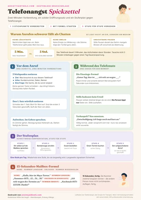 Spickzettel Telefonangst mit Ursachenerklärung, Vorbereitungsschritten, Gesprächseinstiegen, 5-Stufen-Expositionsleiter und 15-Sekunden-Anrufbeantworter-Skript
