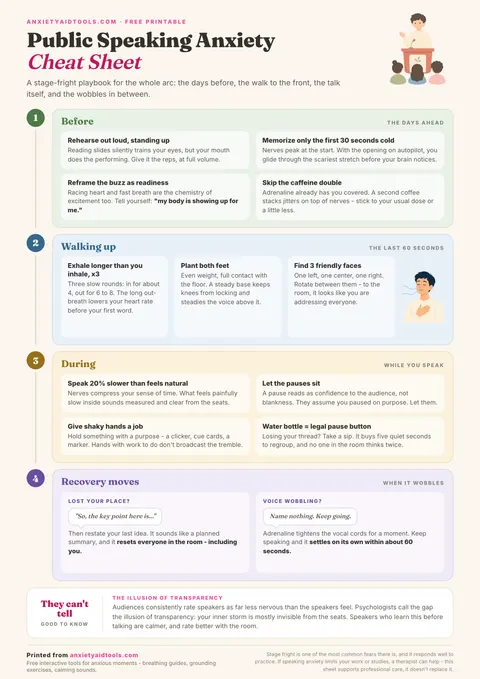 Public speaking anxiety cheat sheet with preparation, walking up, during, and recovery move sections