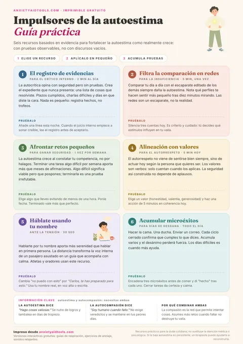 Guía de potenciadores de la autoestima con seis tarjetas de ejercicios (registro de evidencias, pausar la comparación, pequeños retos, chequeo de valores, hablarte por tu nombre y acumulación de microvictorias) y panel comparativo con la autocompasión.