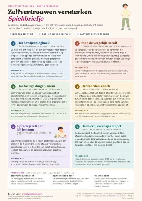 Zelfvertrouwen boosters spiekbrief met zes pastelkleurige kaarten (Bewijslogboek, Stop de Vergelijkingsfeed, Doe Moeilijke Dingen Klein, Waardencheck, Noem Jezelf bij Naam, Micro-Winstapel) en toelichting over zelfcompassie.