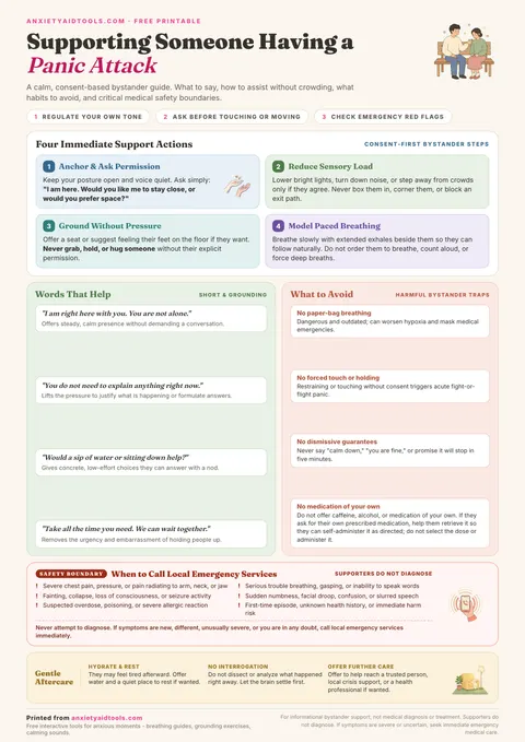 Supporting someone having a panic attack cheat sheet with four consent-based support steps, helpful scripts, what to avoid, emergency medical red flags, and gentle aftercare with professional support options