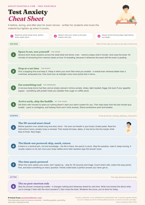 Test anxiety cheat sheet printable showing a three-phase timeline: four Before steps for the study week, night, and morning, three During protocols for starting the test, blanking out, and time panic, and one After rule about skipping the post-mortem.