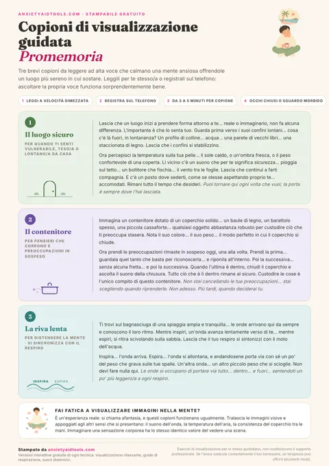 Guida ai copioni di visualizzazione guidata con tre testi calmanti da leggere: il luogo sicuro, il contenitore e la riva lenta del mare